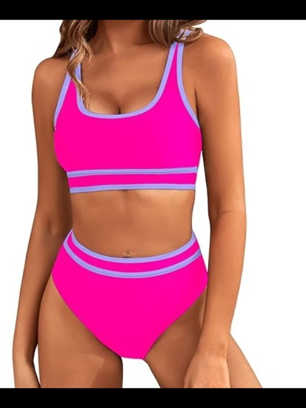 High-Neck Hot Pink Two-Piece Bikini with Contrast Trim
